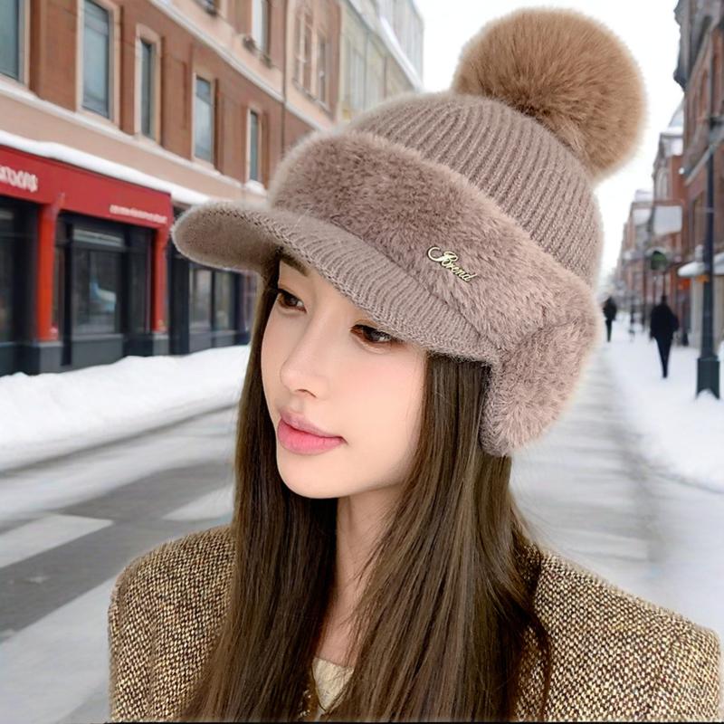 Stitching mink fleece ear protection rabbit fur baseball cap fashion solid color simple fur ball knitted hat
