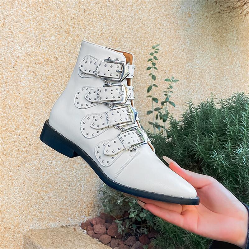Fashion New Autumn Winter Women Boots Cow Leather Ankle Boot Fashion Rivet Belt Buckle Boots for Women Round Toe Low Heel Western Boots