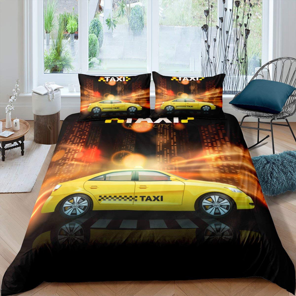 

Желтое такси Король Королева Пододеяльник Мальчики Мультяшный Транспорт Постельное белье Розовый Городской пейзаж Покрывало Полиэстер Чехол для одеяла EU single(135x200cm)