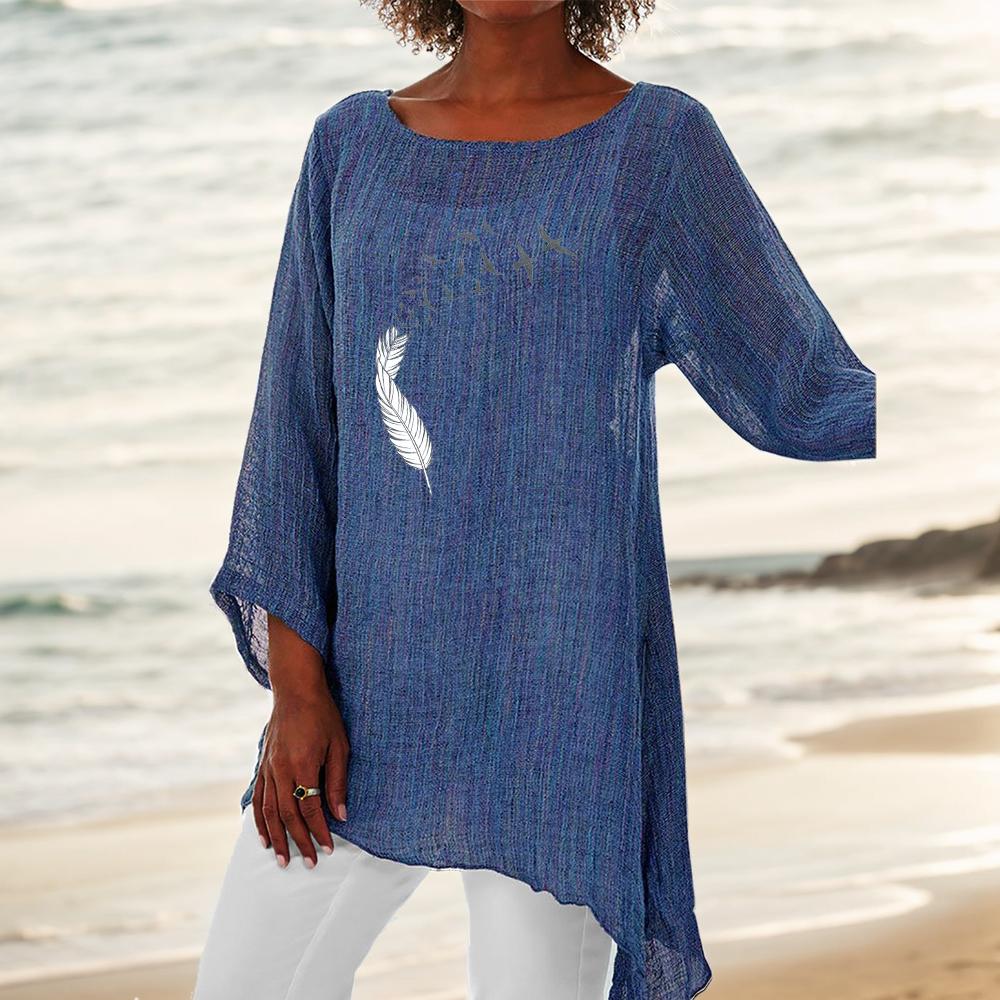 

Женская мода 3/4 рукав топ круглый вырез принт блузка больших размеров тонкая хлопковая льняная рубашка XXXL