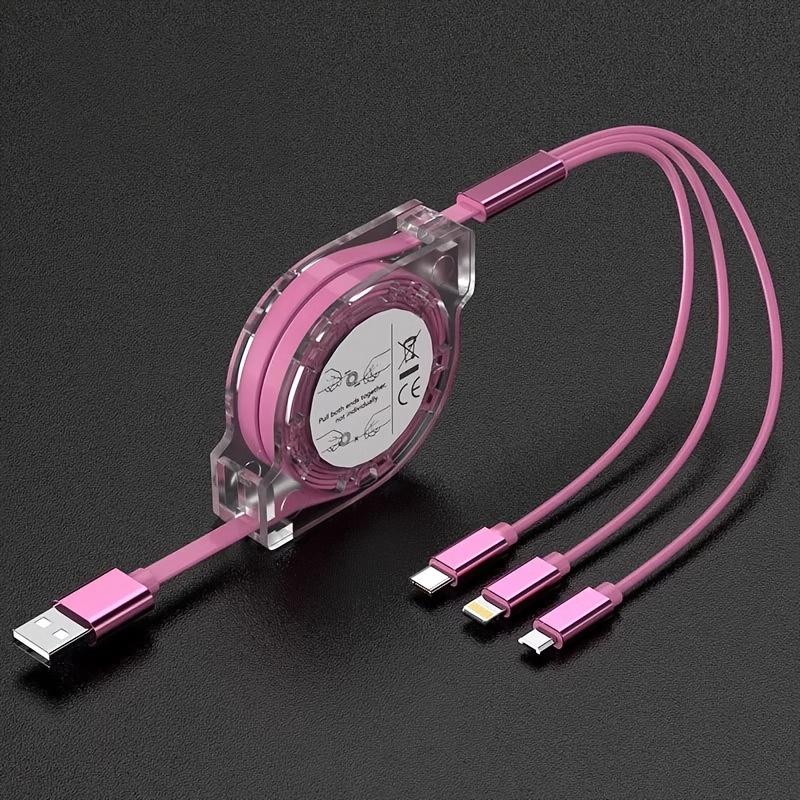 

1PC Extendable multi-functional fast charging cable, 3-in-1 multi-purpose charging cable, suitable for iPhone, iPad, Samsung, PS and other devices. рожевий
