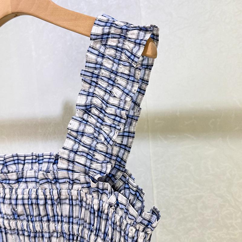 Seaside Blue & White Plaid Beaded Camisole Top + High-Waisted Skirt Set