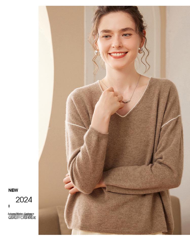 2024 Autumn/Winter Women's Cashmere V-Neck Loose Knit Pullover Sweater - Long Sleeve, Lazy Style Fashion
