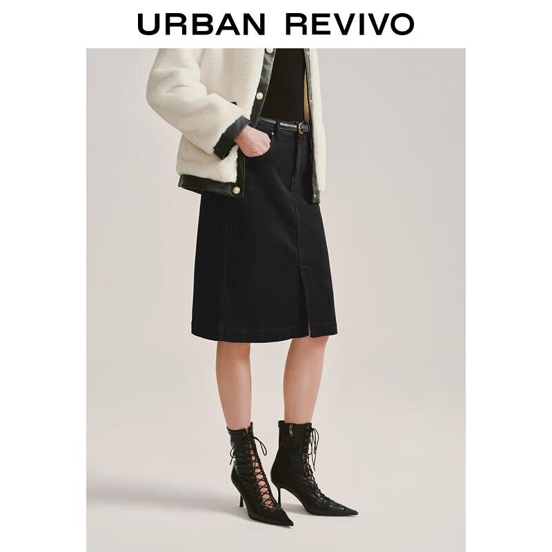 UR 2025 Winter Chic Simple Slit Belt Denim Skirt M