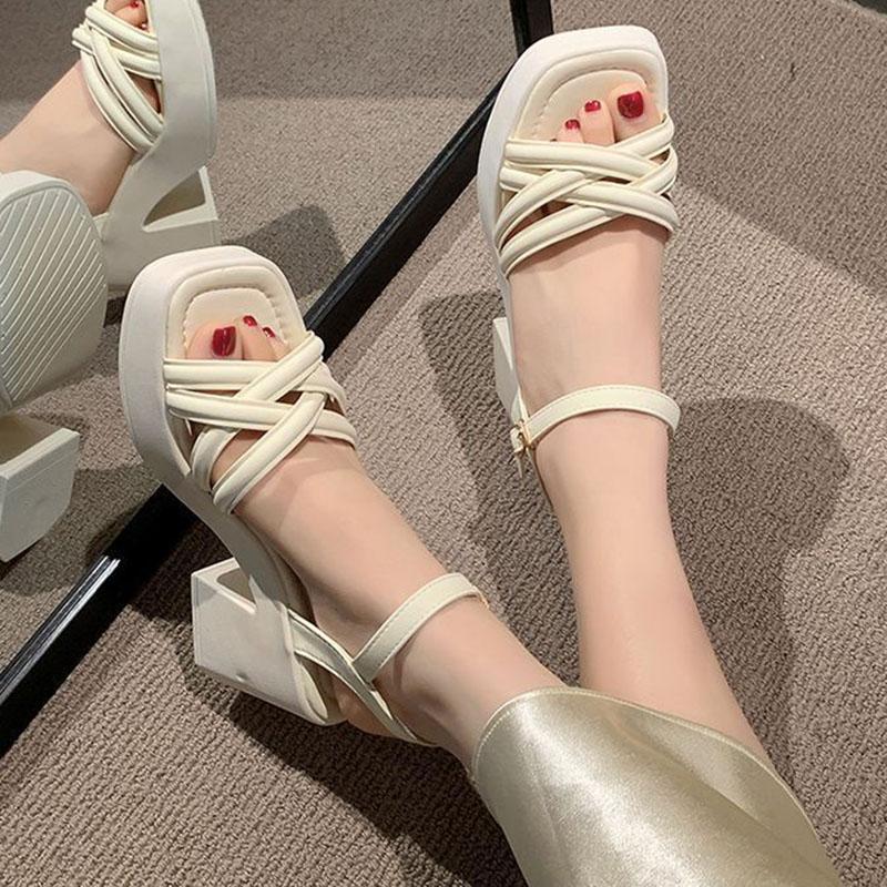 Summer Women's Sandals Elegant Ankle Strap Solid Color Square Toe Sandales Shoes Fashion Platform Black White Heeled Sandalias