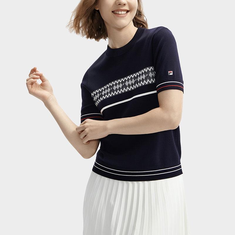 Fila Diamond Casual Round Neck Short Sleeve Knit Top Women Tops Legendary-Blue F11W411404F-NV