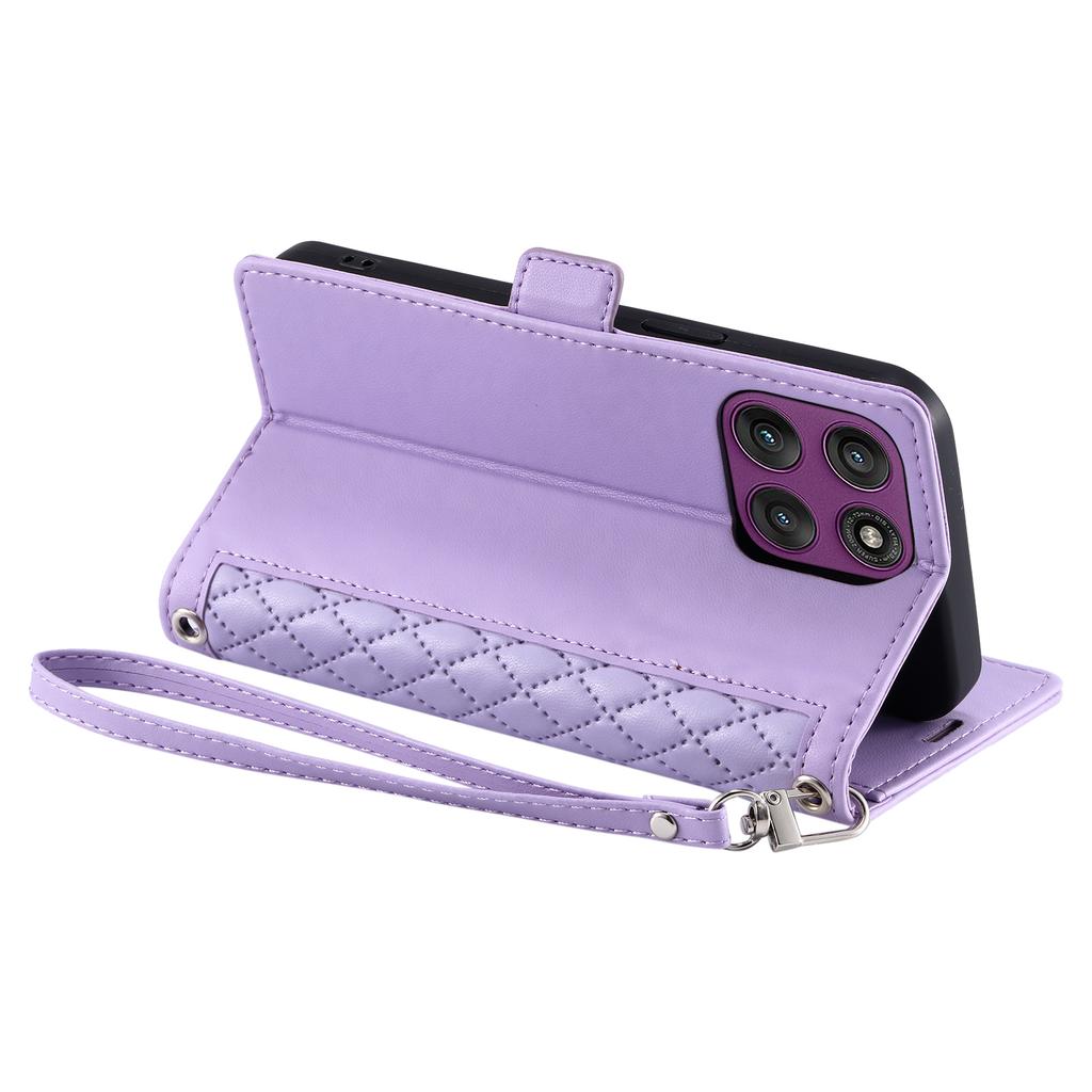 For Motorola Moto G56 5G Leather Case Rhombus Texture Wallet Stand Phone Cover with Wrist Strap