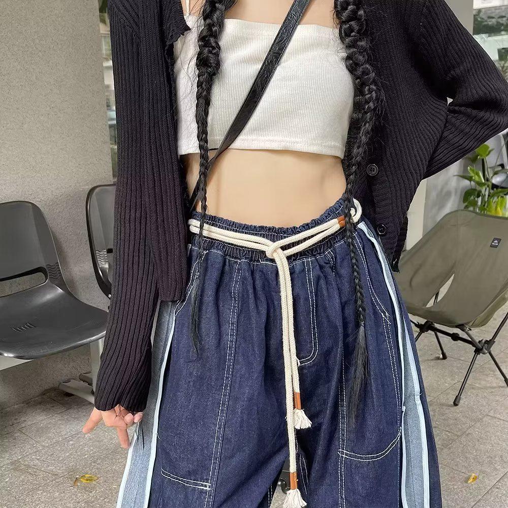 Women's Elastic Waist High-Waist Loose Straight Leg Jeans with Drape - Spring Style Slimming Wide-Leg Pants