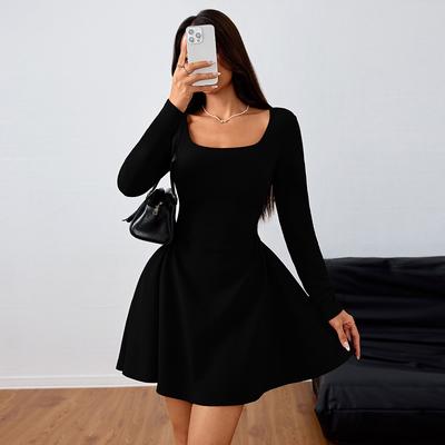 Women Spring Autumn  Square-cut Collar Long Sleeve Waist-slimming Solid Color A Line Dress