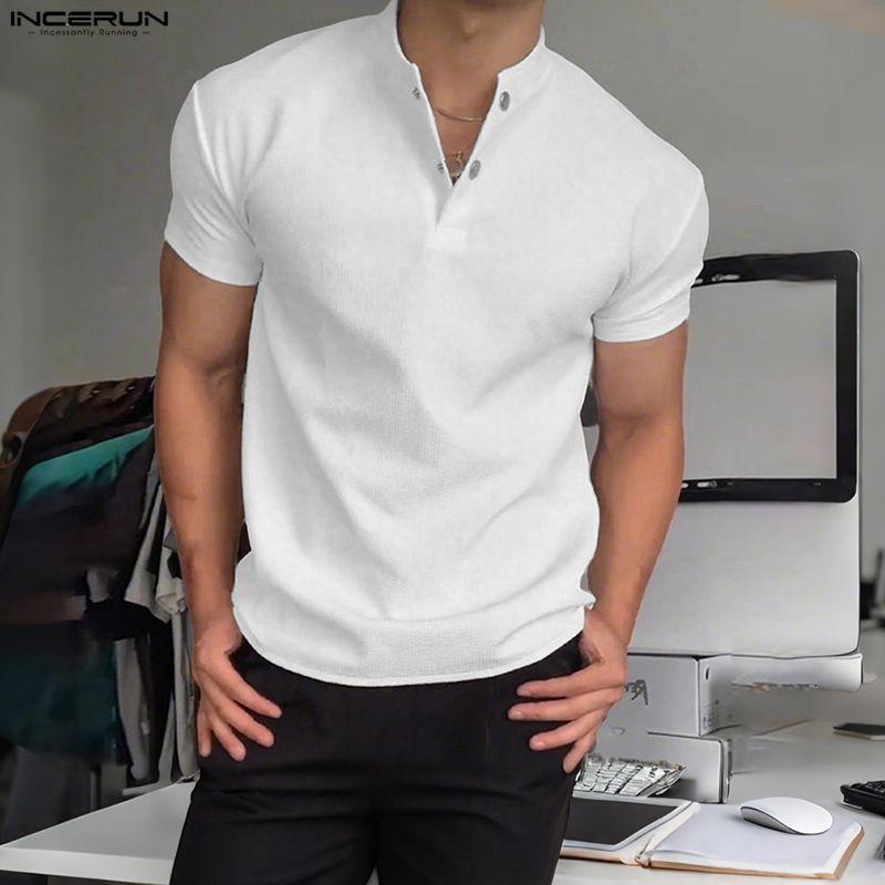 INCERUN Men Stand Neck Short Sleeve Solid Color Waffle Texture Casual Henley T-shirts Tops