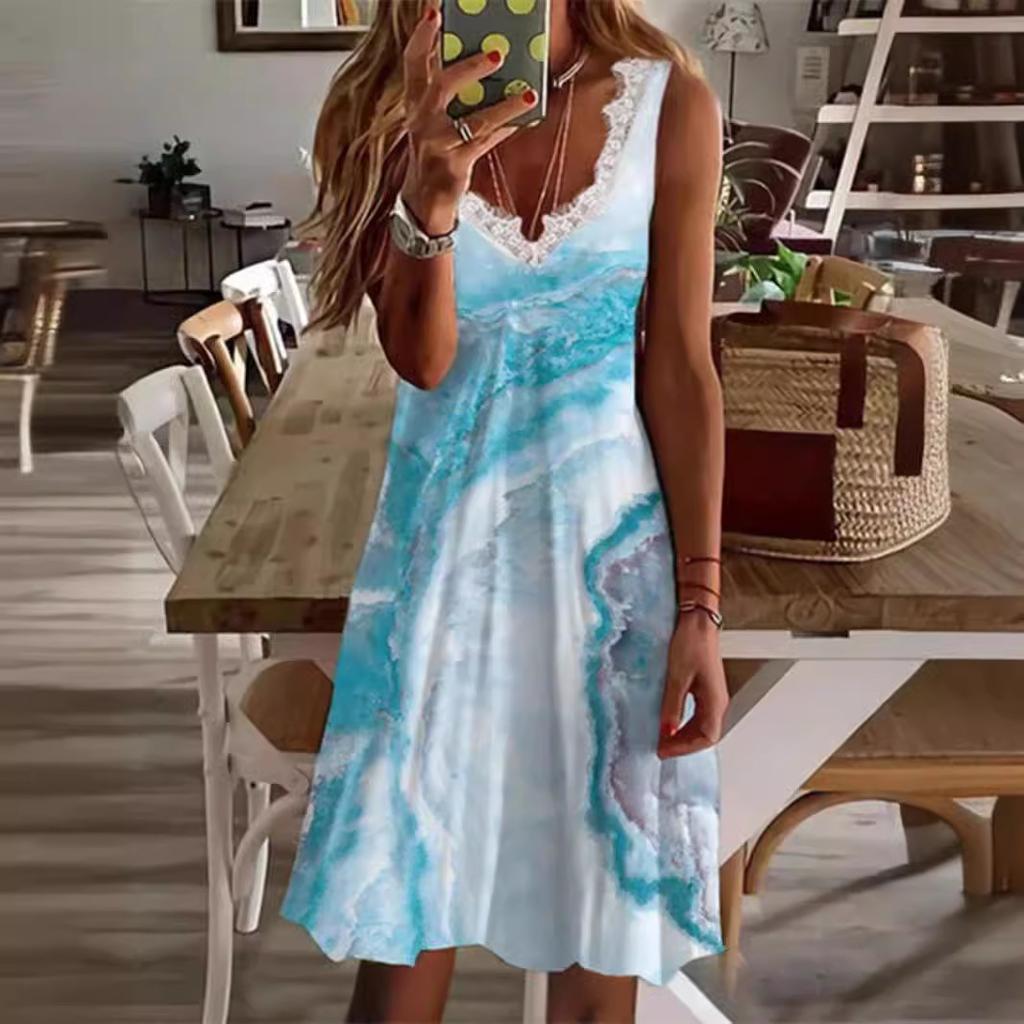 Women Summer Casual Sleeveless Lacework V Neck Printed Knee Length One Piece Dress