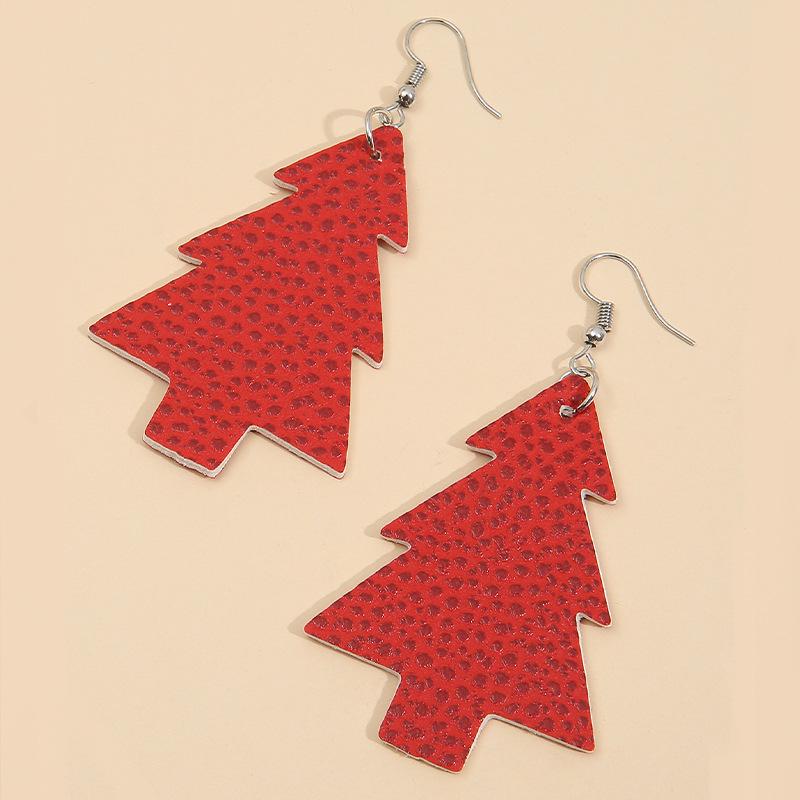 

Red Leather Christmas Tree Earrings with Double-Sided Print for Women