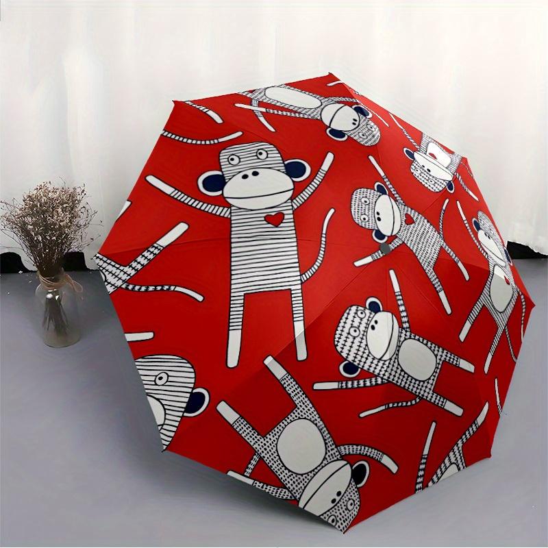 1pc Automatic Open/Close All-Season Portable Folding Umbrella with Cute Monkey Print - Red & White Design, 8-Rib Durable Frame