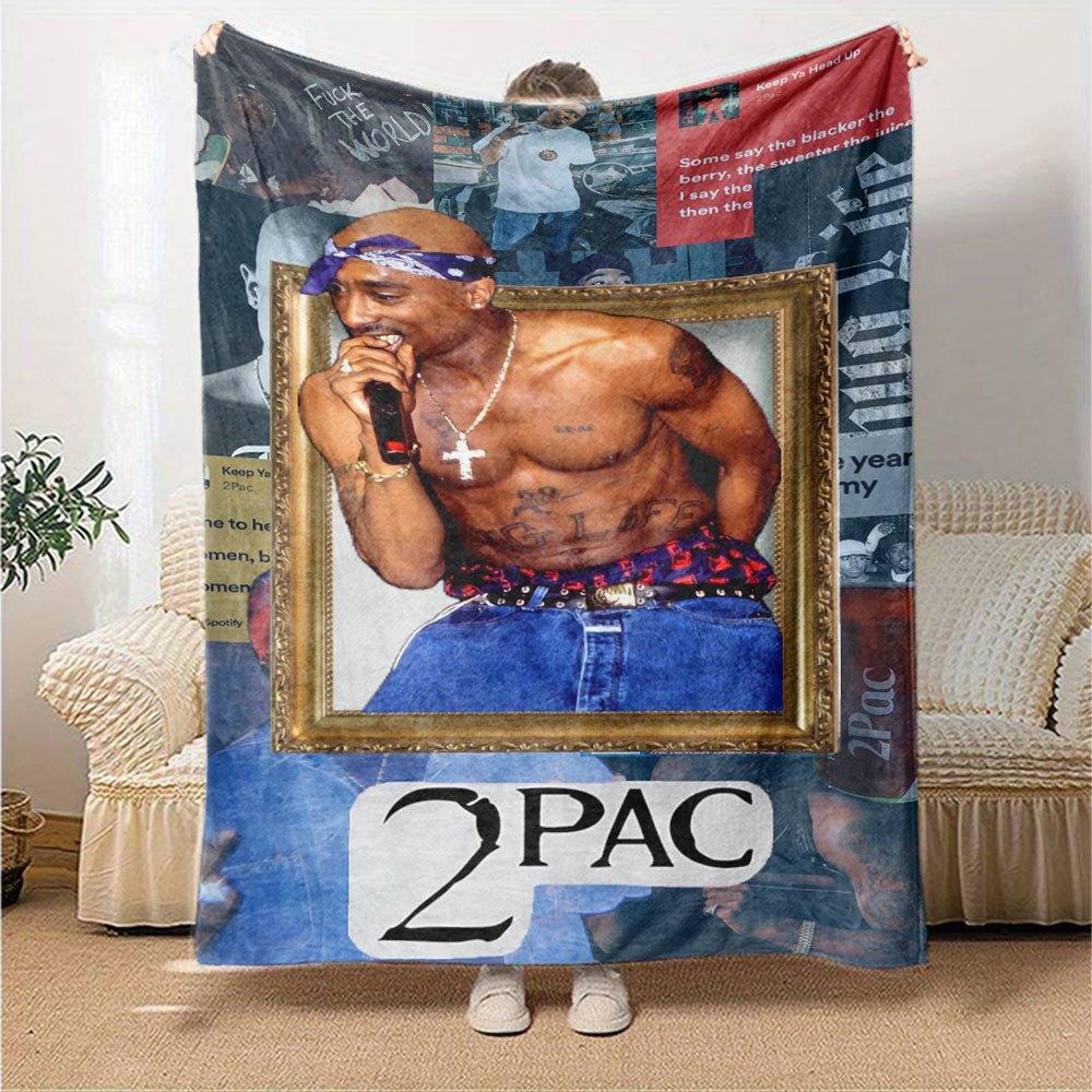 1pc 2PacHip Hop Blanket Soft Lightweight All Season Multi Purpose Throw for Sofa, Bed, Office & Picnics, French Style with Iconic Album Art & Quotes