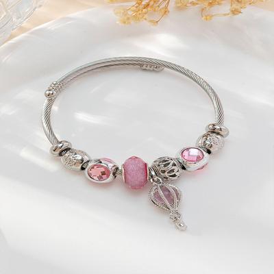 Adjustable Open Bangle Bracelet With DIY Beaded Pink Air Balloon Charm Stainless Steel