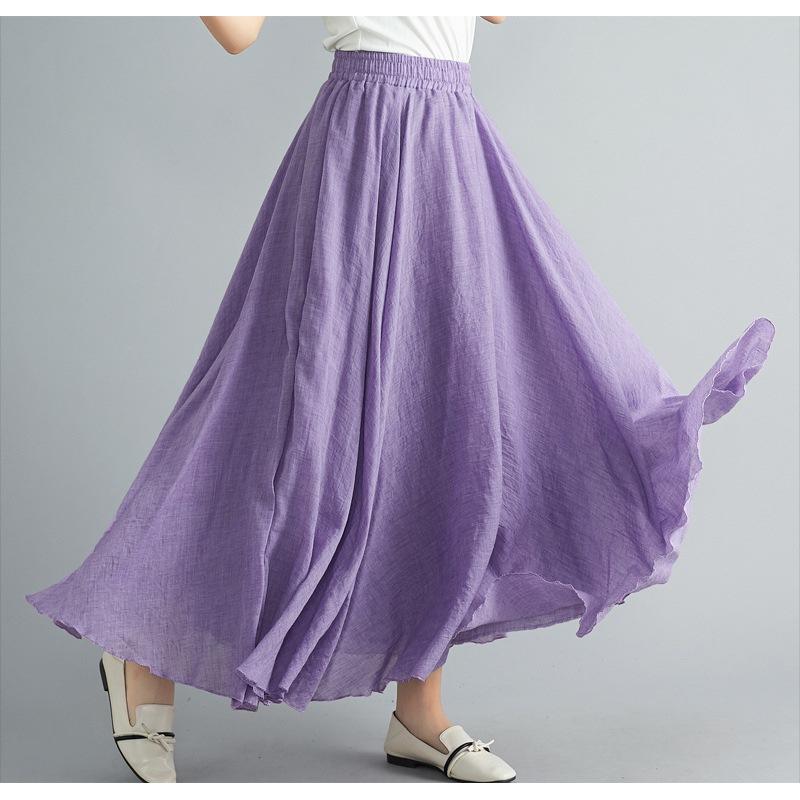 Women's Literary and Artistic Skirt Elastic Waist Linen A-line Skirt Long Solid Color Ethnic Style  Big Swing Skirt