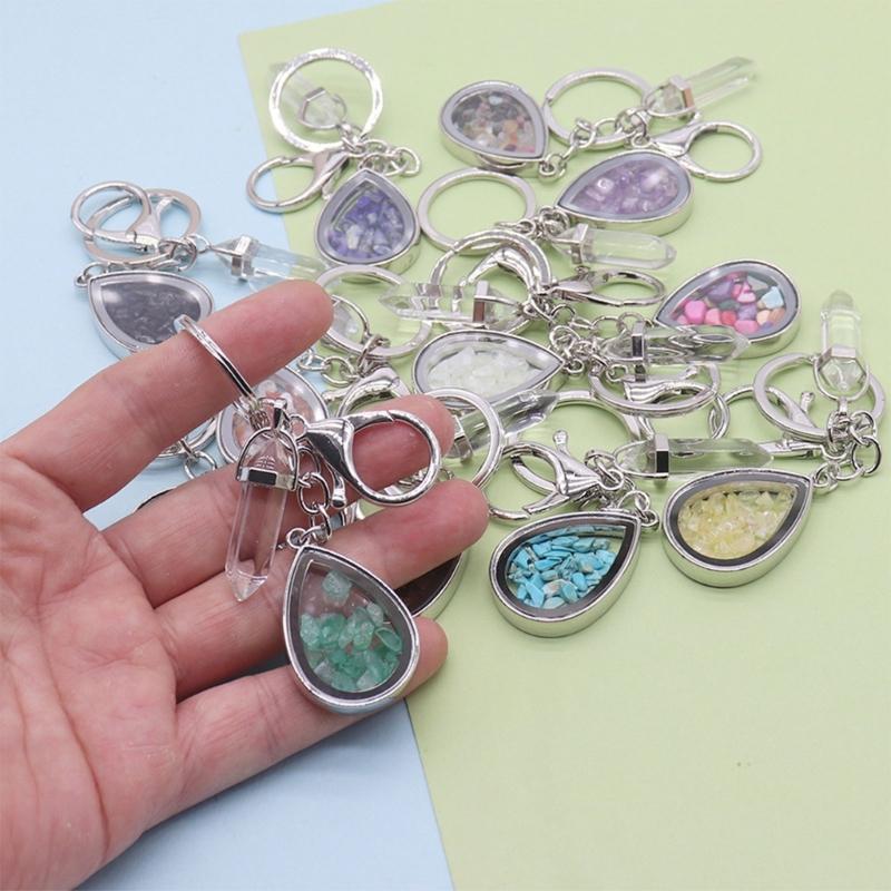 Natural Stone Crystals Teardrop Shape Photo Locket Keychain Featuring Diamonds Cut Designs for Sentimental Gifts