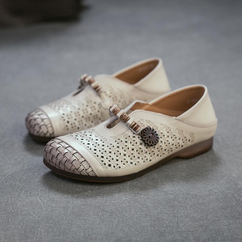 

Johnature Versatile Retro Hollow Out Slip-on Shoes Genuine Leather Round Toe Comfortable Women s Shoes 35 бежевый