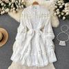 Abiti autunnali A-LINE da donna casual in pizzo vintage primaverile scava fuori maniche lunghe a lanterna monopetto