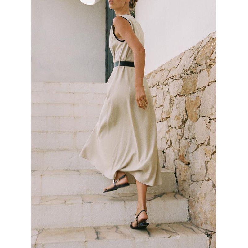 Summer New Product Women's Clothes French Contrast Color Trim Double Breasted V Neck with Belt Midi Skirt Dress 3655939