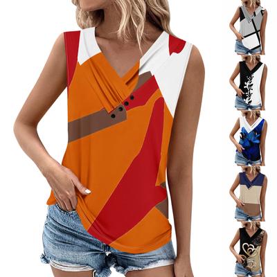 Summer Womens Tank Tops V Neck Casual Printed Sleeveless Shirts Casual Loose Fit Pleated Tshirts Tees Ladies Blouse