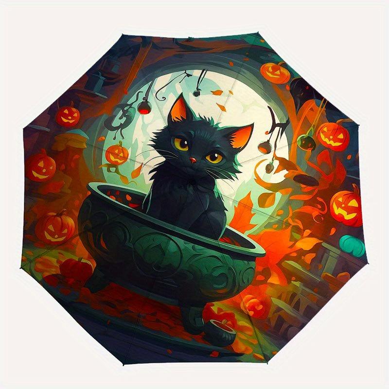 Halloween Black Cat Cauldron DecorUmbrella with Cute Design, Portable 3-Fold Compact Umbrella for Men & Women, Valentine's Day Mother's Day Halloween