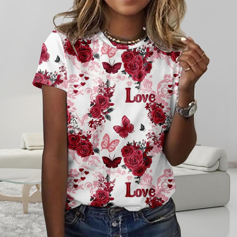 Rose flamingo 3D printed T-shirt for women s summer short sleeved round neck T-shirt Harajuku top casual T-shirt for women s clothing XS
