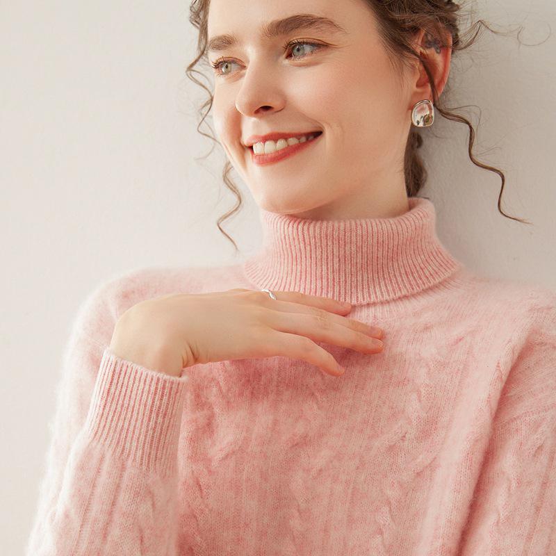 Women's High-Neck Cable Knit Cashmere Sweater: Long-Sleeve, Loose, Versatile Pullover for Autumn/Winter.