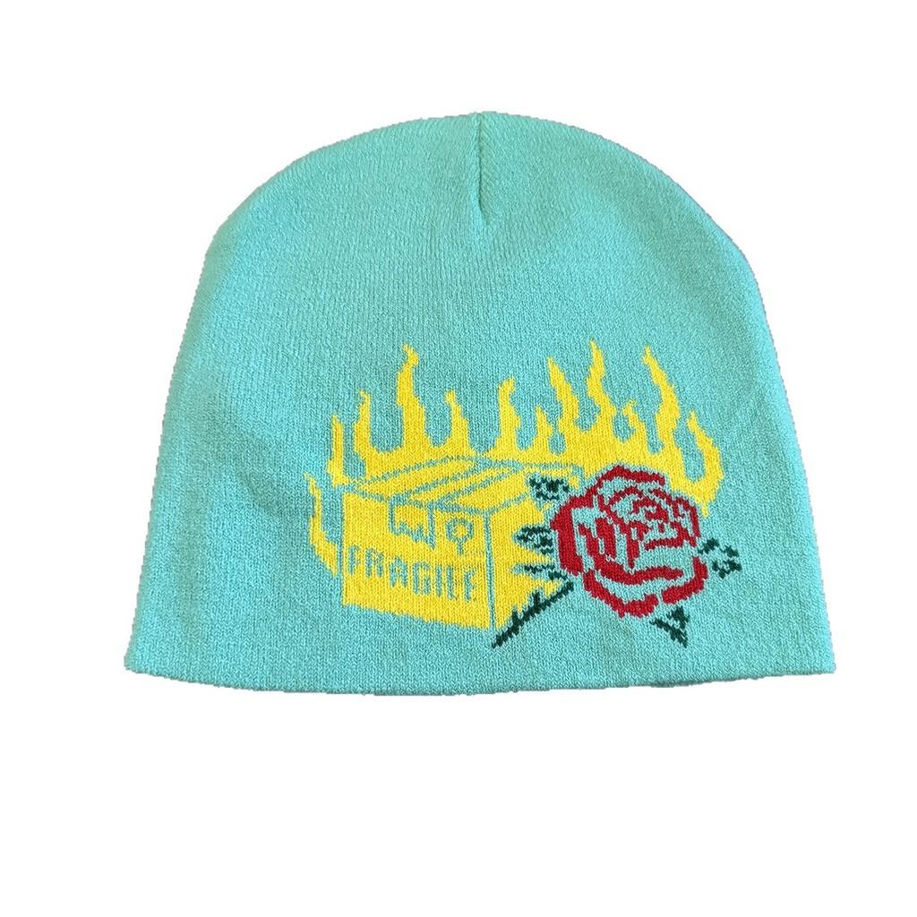 Knit Halloween Party Beanie With Flame Rose Pattern For Winter Outdoor Cycling