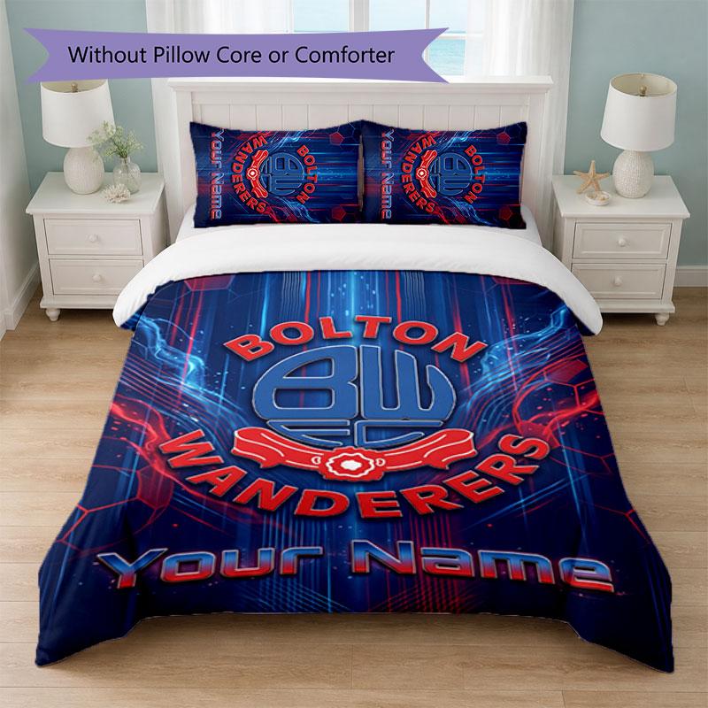 Bolton Wanderers FC Custom Name Text Bedding Set 1 Duvet Cover+2 Pillowcases Soccer Logo Personalized Gift For Special Occasion Bedroom Decor