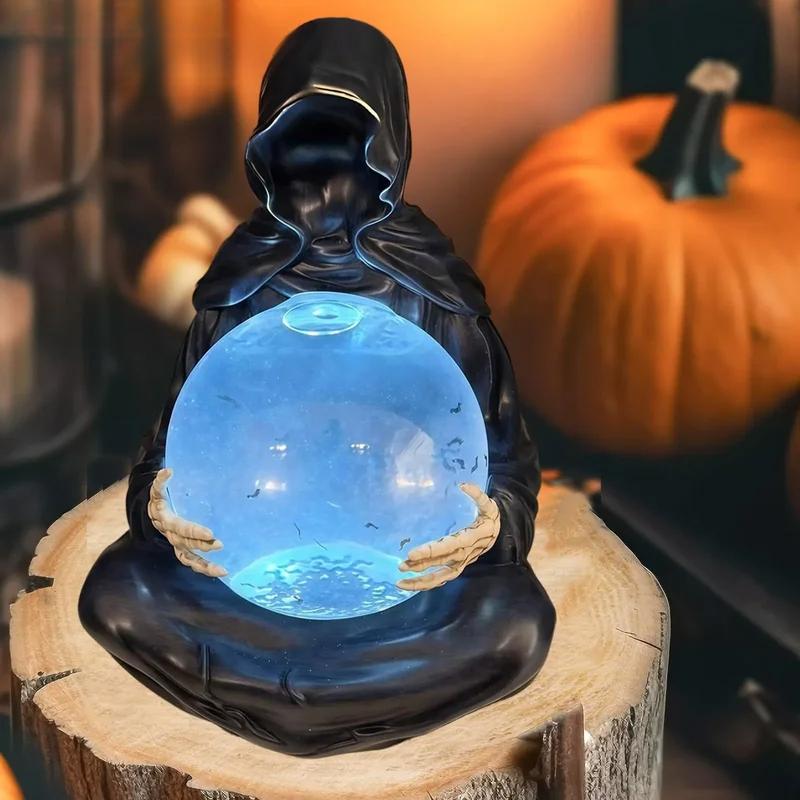 Alloween Grim Reaper Statue With Flying Bats Crystal Ball,Gothic Figurine With Light-Up Sphere, Fantasy Decor Floating Bat Ornam