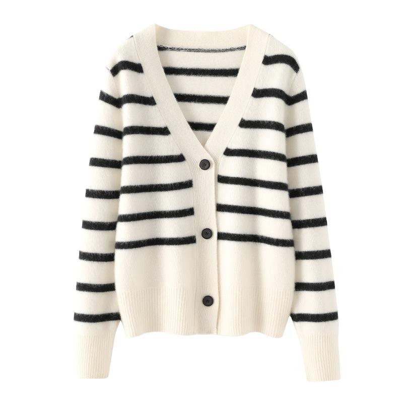 Striped Wool Cardigan for Women In Autumn and Winter Style, Fashionable Loose and Versatile Cashmere Jacket, Skin-friendly and Warm Top