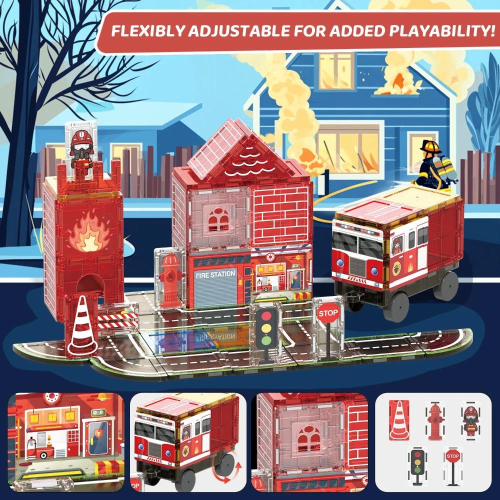 Magnetic Building Blocks Firefighting Theme Magnet Tiles with Fire Truck & Station Kids Montessori STEM Educational Sensory Toys