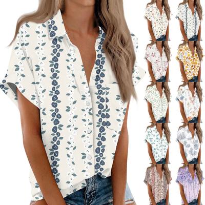 Women's Printed Short Sleeve Buttoned Cardigan Blouse Top With Pocket