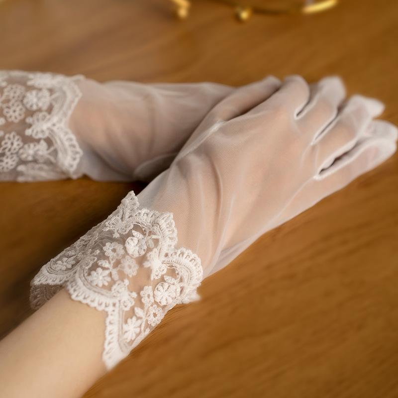 Elegant Lace Tulle Transparentes Bridal Wedding Party Dress Gloves Flower Sheer Short Summer Mittens Lolita Accessories