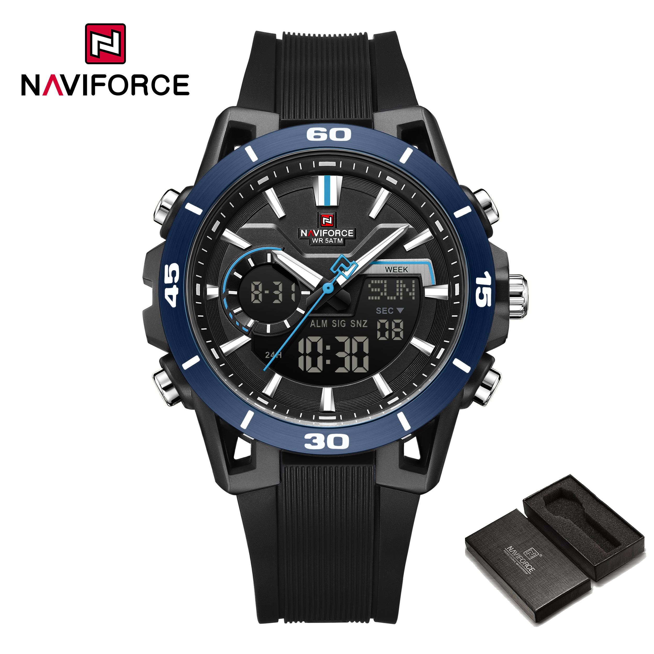 

NAVIFORCE Original Men Dual Time Watch Luminous Pointer Calendar Date LCD Display Chronograph Silicone Strap Waterproof Men Watch NF7135 чёрный/синий