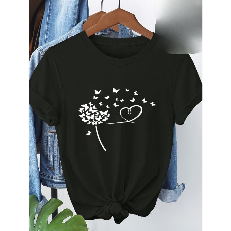 

European Size Full Short-Sleeve T-Shirt with Dandelion Print 4XL чорний