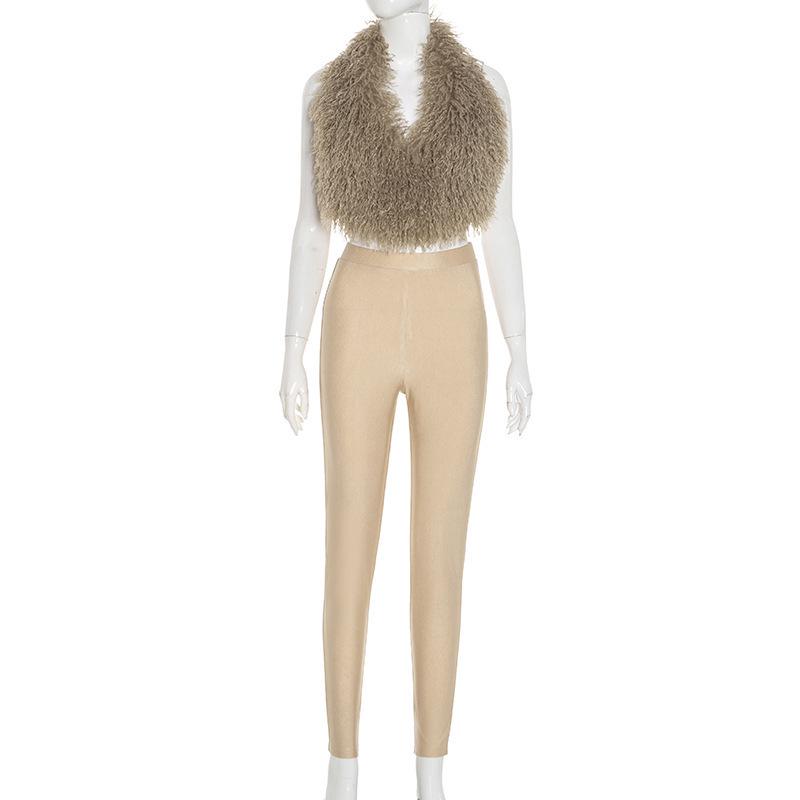 European Fashion Fur Halter Open Back Strappy Jumpsuit Set for Women Small