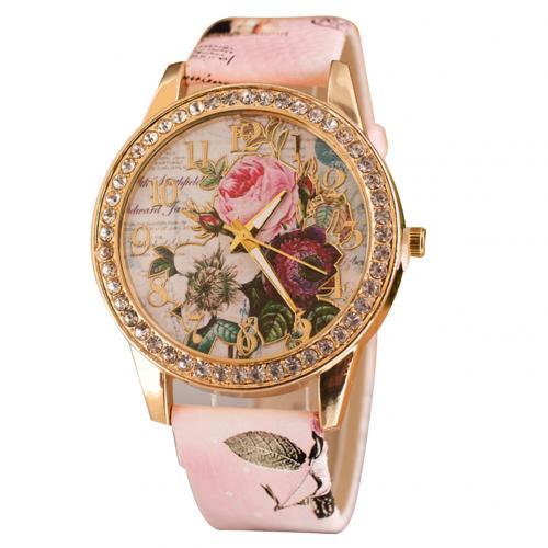 Women Rhinestone Inlaid Flower Round Dial Faux Leather Band Quartz Wrist Watch Fashion Quartz Wrist Watch Women