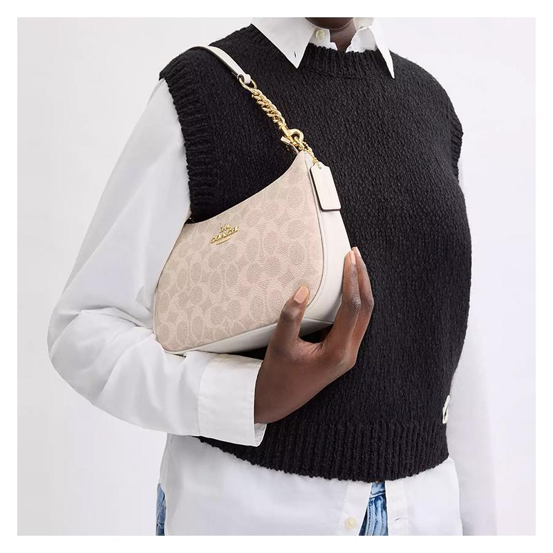 Coach Teri 24 Classic Presbyopia Logo Zipper Closure Coated Canvas Hand-held Crossbody Shoulder Bag Medium Size Women's Sand Color with Chalk White