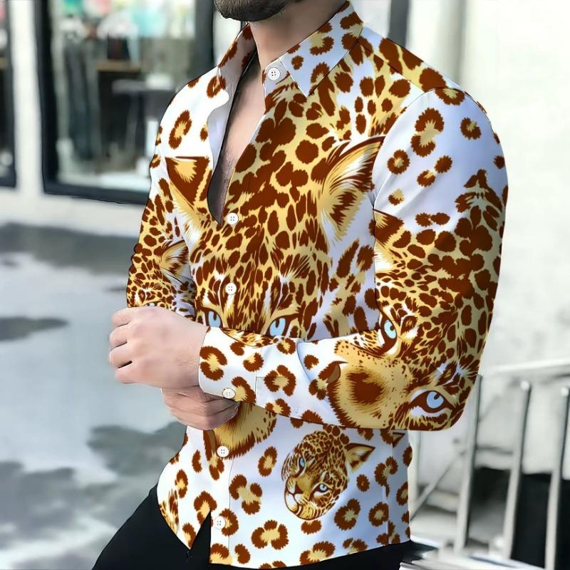 Vintage Leopard Print Shirt for Men Loose-Fitting Long Sleeve Fashionwear Summer Top