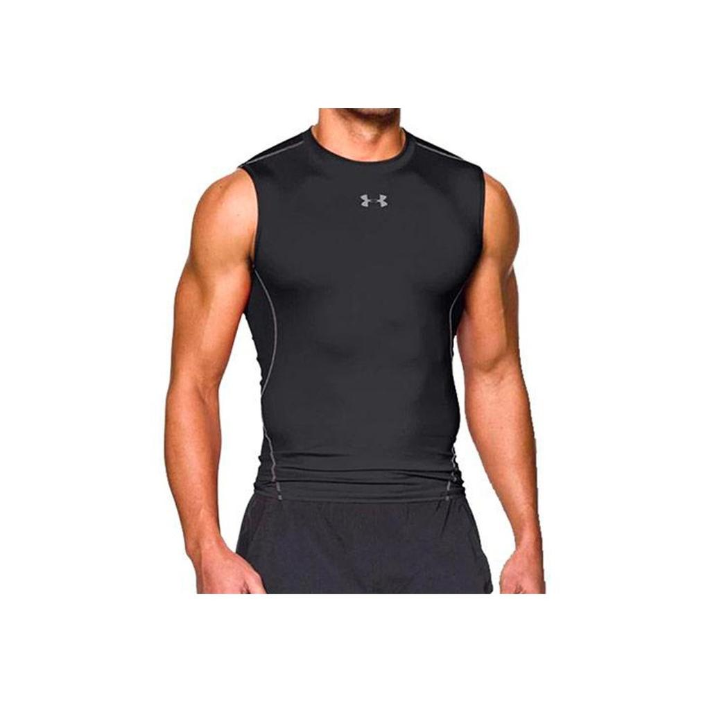 Under Armour Tricou sport compresiv fără mâneci, cu guler rotund, pentru bărbați, negru, 1257469-001