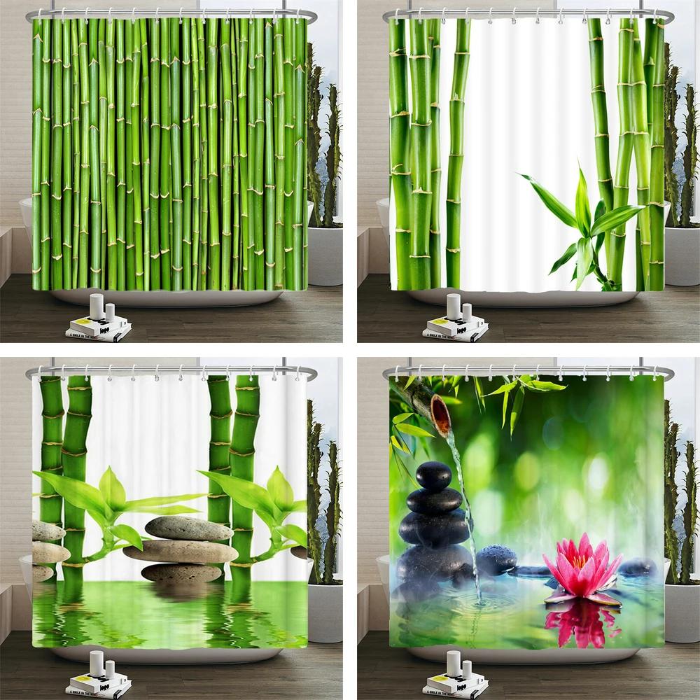 Cortina de ducha de bambú de planta verde, cortina de baño de poliéster impermeable, árboles impresos en 3D, pantalla de baño de 180x200cm con ganchos
