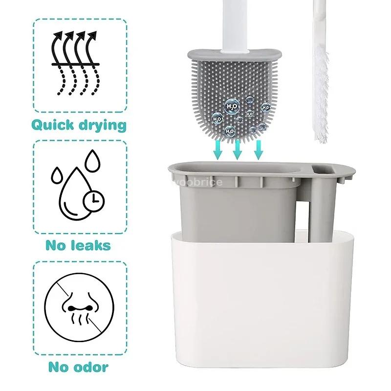 Wandhängende Toilettenbürste mit Halter, langstielige Silikon-Toilettenbürste, weiche Borsten, WC-Reinigungsbürste, Badezimmerzubehör