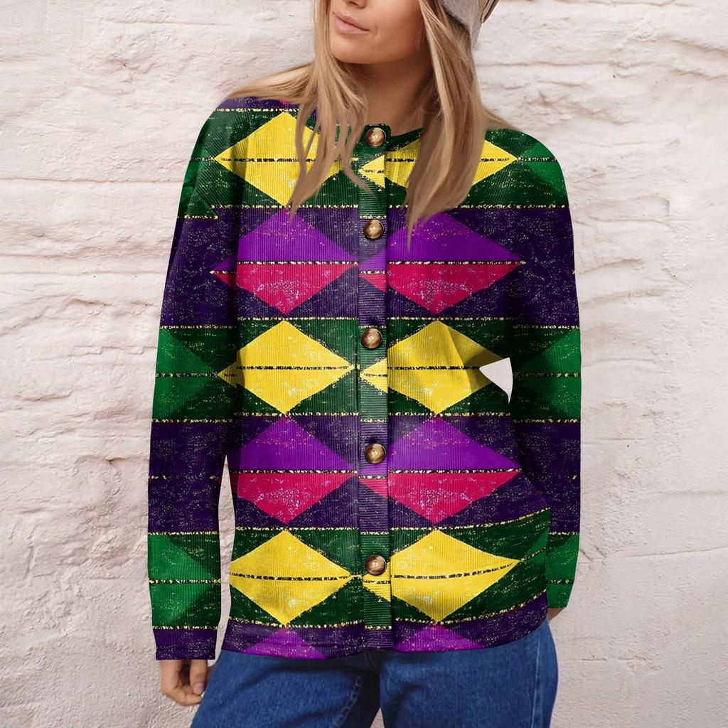 Women's Fashion Printed Long Sleeve Knitted Cardigan Button Down Jacket