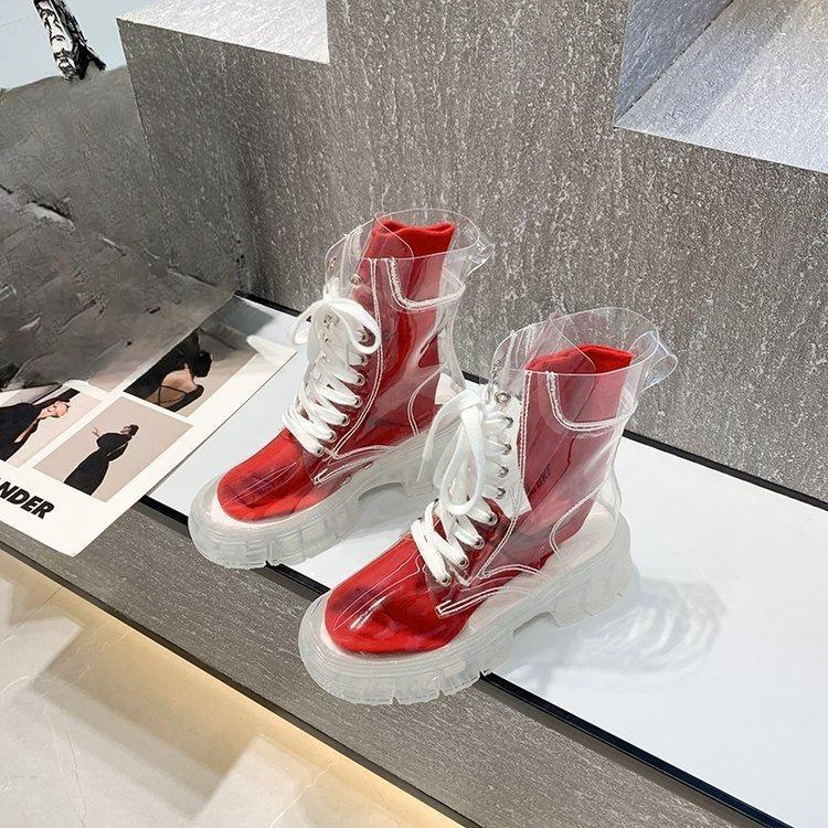 Modische Damen Transparent Plateau Stiefel Klare Ferse Kurzer Stiefel Sexy Dicke Sohle Trendige Persönlichkeit Mittelhohe Knöchel Stiefel