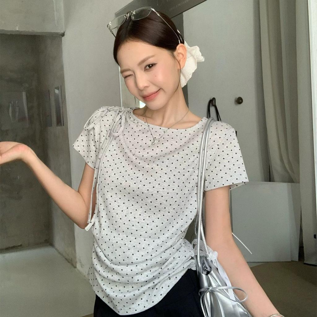 Korean flower gray polka dot lace-up crew neck short-sleeved t-shirt women's summer waist slim-fitting and thin casual top