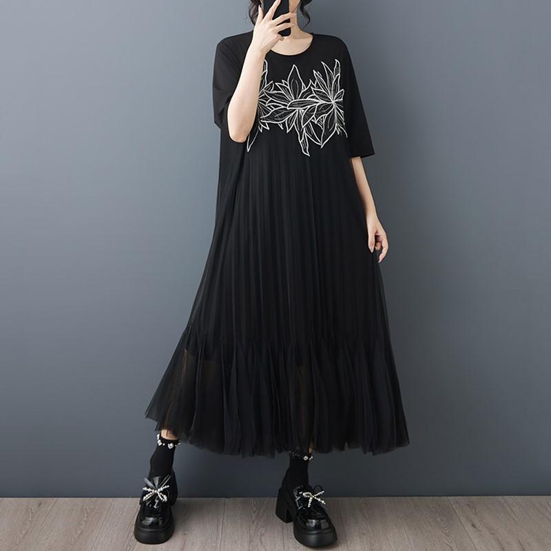 Short Sleeve Plus Size Black Mesh Vintage Embroidery Floral New In Dresses for Women Casual Loose Long Summer Dress