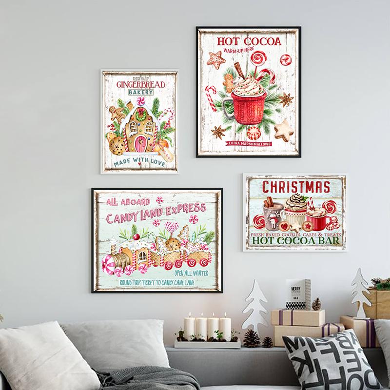 Kitchen Christmas Wall Art Print Hot Chocolate, Candyland Express, Gingerbread Bakery Sign Poster Vintage Canvas Painting Decor