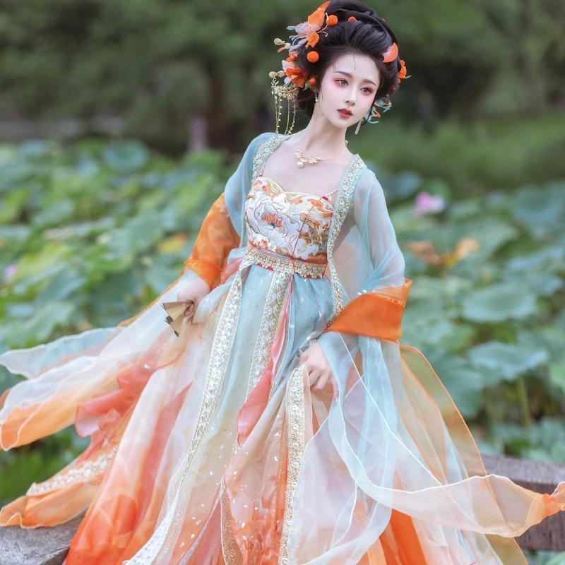 Hanfu female Tang Dynasty chest-length balsam skirt set heavy industry embroidery butterfly big-sleeved shirt super fairy summer princess skirt